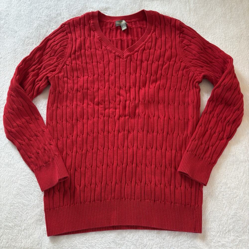 Style & Co. Red Cable Knit Sweater V-Neck Longline Slim Fit XL 100% Cotton